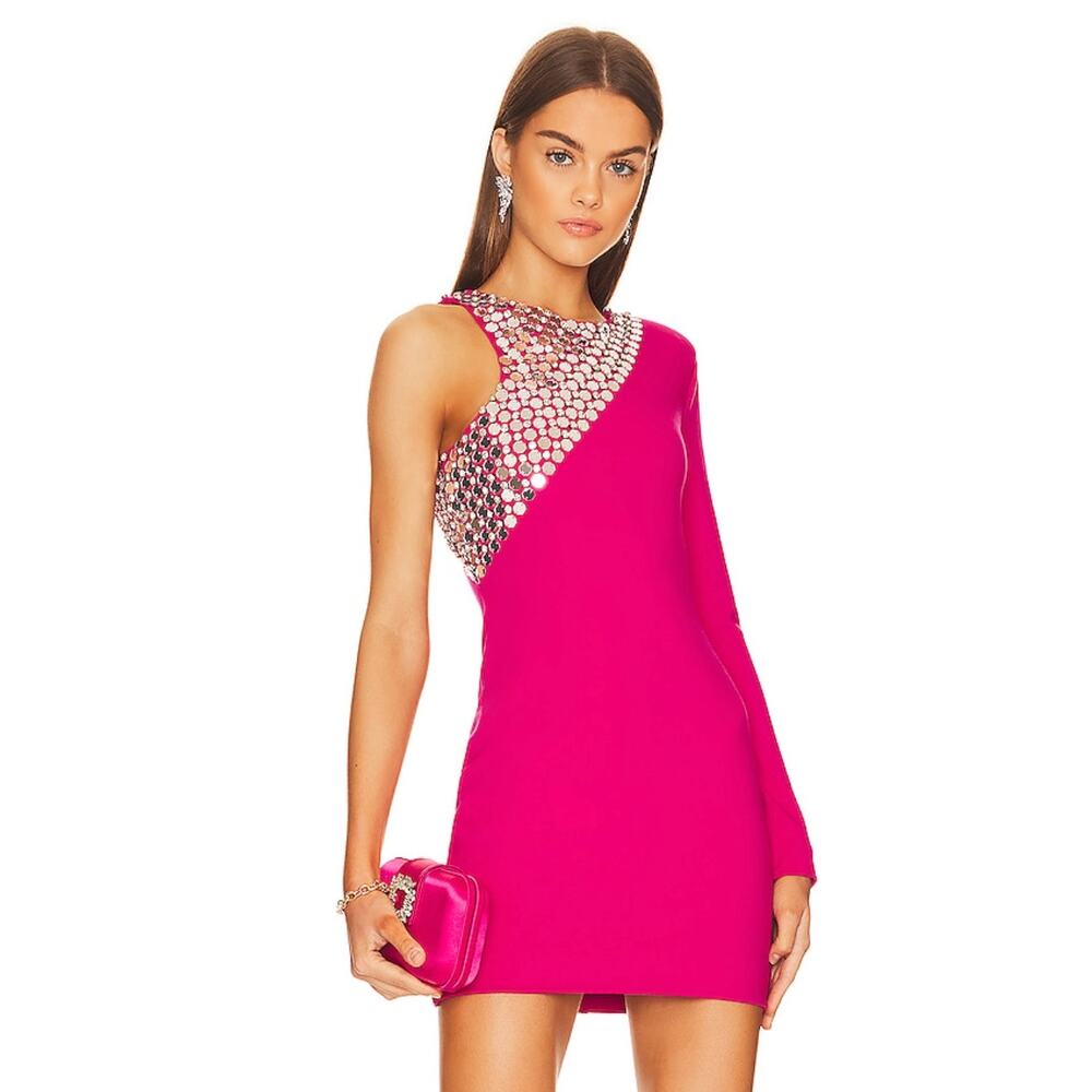 NBD Kinsley Dress Magenta One Shoulder Embellished CZ Rhinestone Mini‎ Sz M